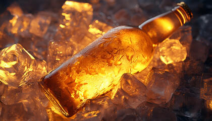 Bottle of beer in ice cubes