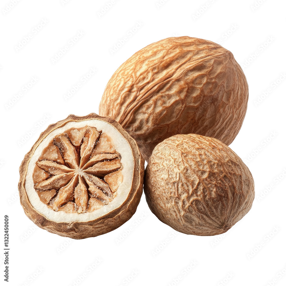 Poster nutmeg displayed in whole and sliced forms against a clean transparent background for culinary use, 