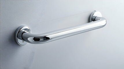 Polished Chrome Grab Bar Against Textured Tile Wall In Modern Minimalist Bathroom Design For Accessibility And Safety