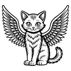 Fototapeta premium a cute cat with angel wings illustration. This monochrome image shows a detailed drawing of a cat seated with its wings spread, vector illustration