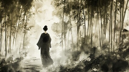 Fototapeta premium Ink Wash of a Geisha Walking in a Bamboo Grove