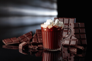 Hot chocolate with mini marshmallow in a glass mug.
