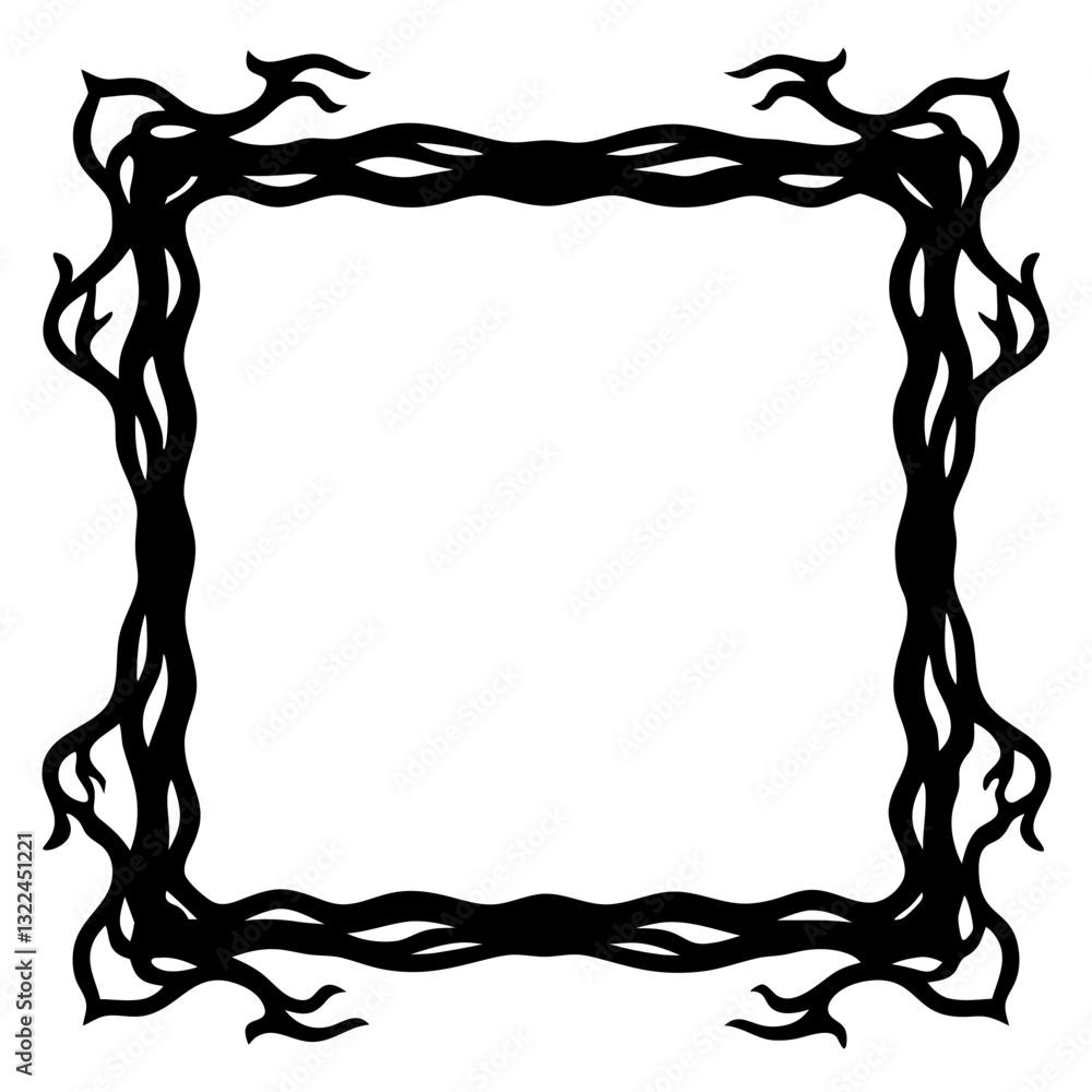 Poster a unique square frame composed of intertwined branches and twigs in a dark color. the frame is elega