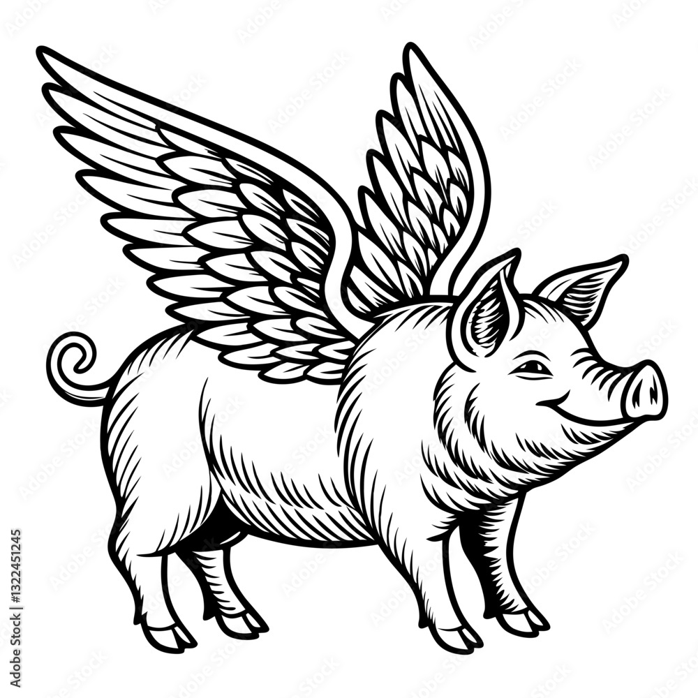 Poster a charming vector illustration of a pig with elegant wings, creating a whimsical and imaginative sce