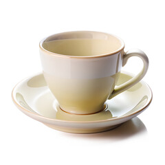 A white ceramic cup holding hot tea or coffee, isolated and ready as a breakfast beverage