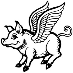 a whimsical illustration of a pig with angel wings soaring joyfully through the air, vector illustration