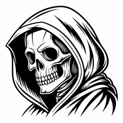Obraz premium an artistic vector illustration of a skull wearing a hooded cloak, symbol of death and mystery. The image is high-contrast and striking