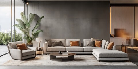 Modern living room interior with comfortable furniture and large window