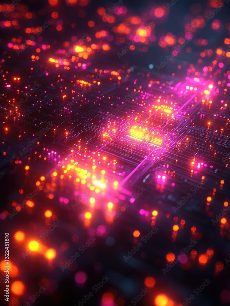 Poster vibrant abstract representation of a digital circuit illuminated by glowing particles in a dark back