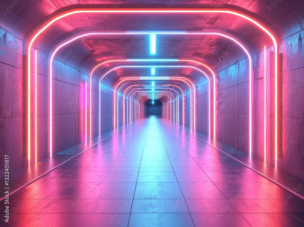 Poster 3d render showcasing a glowing ultraviolet neon square portal, featuring shimmering lines that lead 