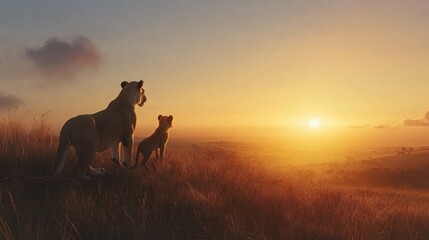 A lioness and cub watch the sunset over the vast savanna