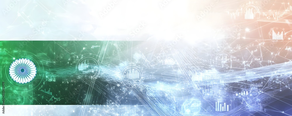 Aufkleber indian flag overlaid with technological network and data visuals