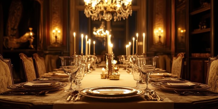 A formally set dining table lit by candle and chandelier light