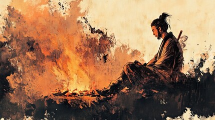 Sumi-e Painting of a Warrior Resting by a Campfire