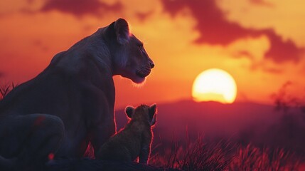 A mother lion and cub watching the sunset together peacefully