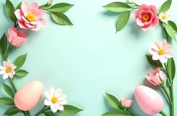 Festive paper frame flowers composirion with pastel eggs on minimal white backround, place for text. spring, womens day, Easter concept