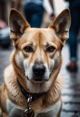In a vibrant town, a curious dog sits confidently on the cobbled street, watching passersby. The atmosphere is lively, filled with distant chatter and soft evening light AI