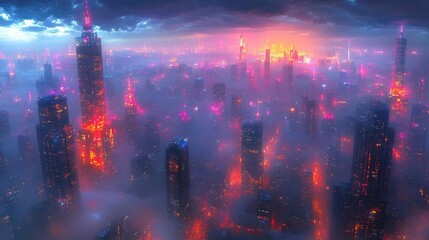 Obraz premium Futuristic cityscape at dusk with vibrant lights and fog, showcasing urban architecture and skyline