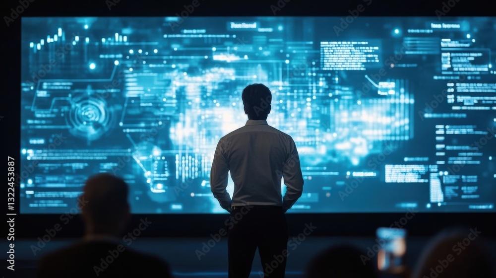 Poster an exeive stands confidently in front of a large holographic screen presenting data visualizations a