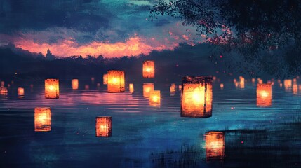 Mystical Ink Painting of Floating Lanterns Drifting