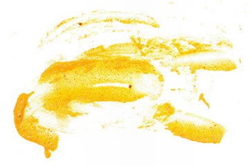 Smear of mustard sauce on white background isolate, creativity in cooking.