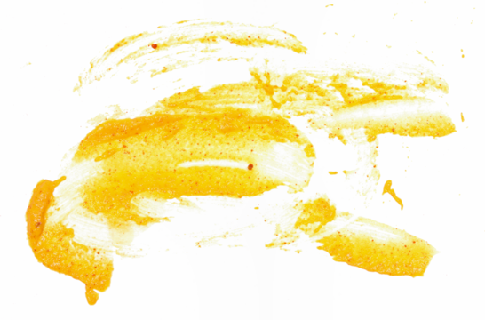 Smear of mustard sauce on white background isolate, creativity in cooking.