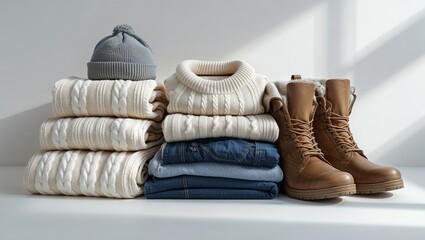 Warm winter clothing neatly arranged with boots and accessories on a neutral background