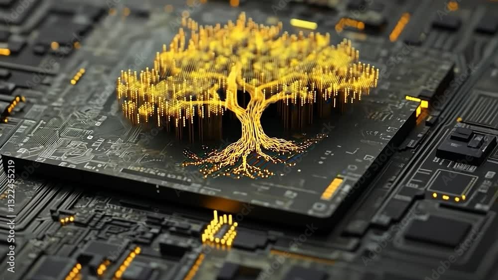 Poster golden tree of data: a digital forest grows on circuitry