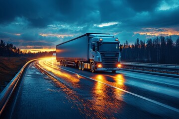 Fototapeta premium Evening or night view of a highway with a moving truck and light trails, showcasing logistics activity