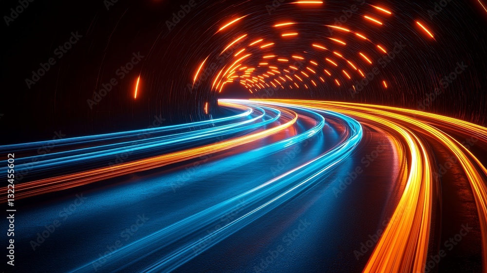 Poster a black background features abstract blue with dynamic curves and blur patterns, including detailed 