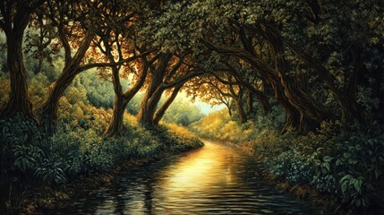 Enchanted woodland stream reflecting sunlight filtering through the dense canopy