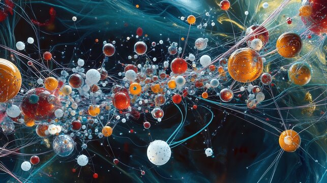 Conceptual rendering of particle physics showcasing dynamic nodes pathways for quarks leptons and bosons
