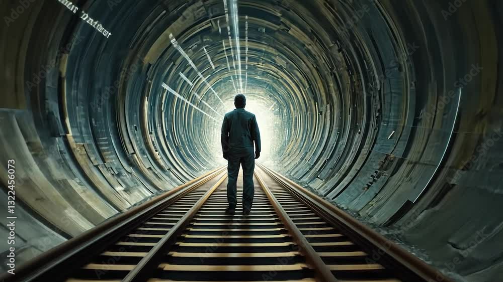 Poster man walking towards the light in a digital tunnel