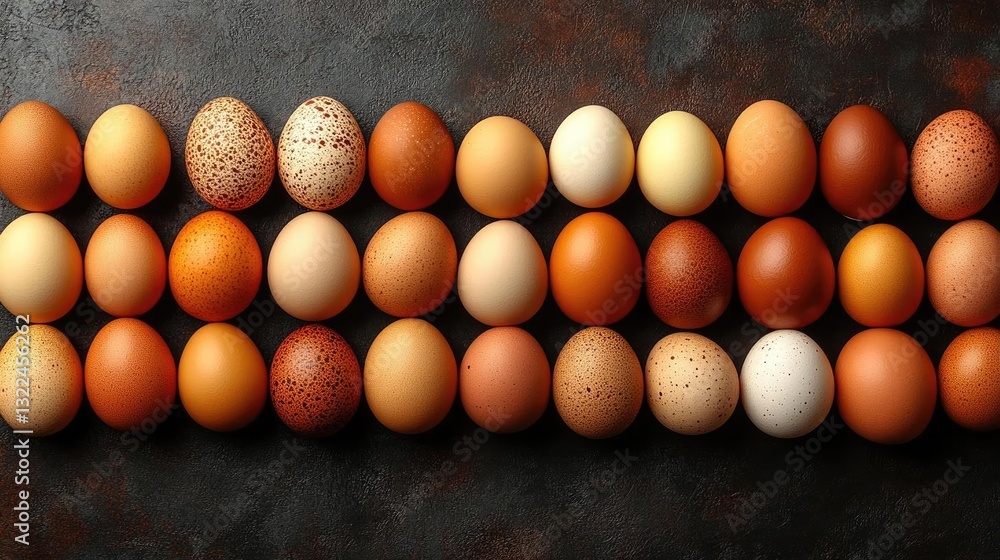Poster a colorful array of eggs displayed on a dark surface, showcasing various textures and colors