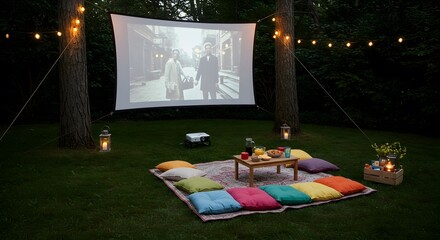 Romantic outdoor movie night backyard summer evening projection screen fun film cozy home dark trees