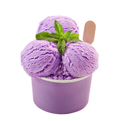 Blueberry ice cream scoops in paper cup isolated on white background