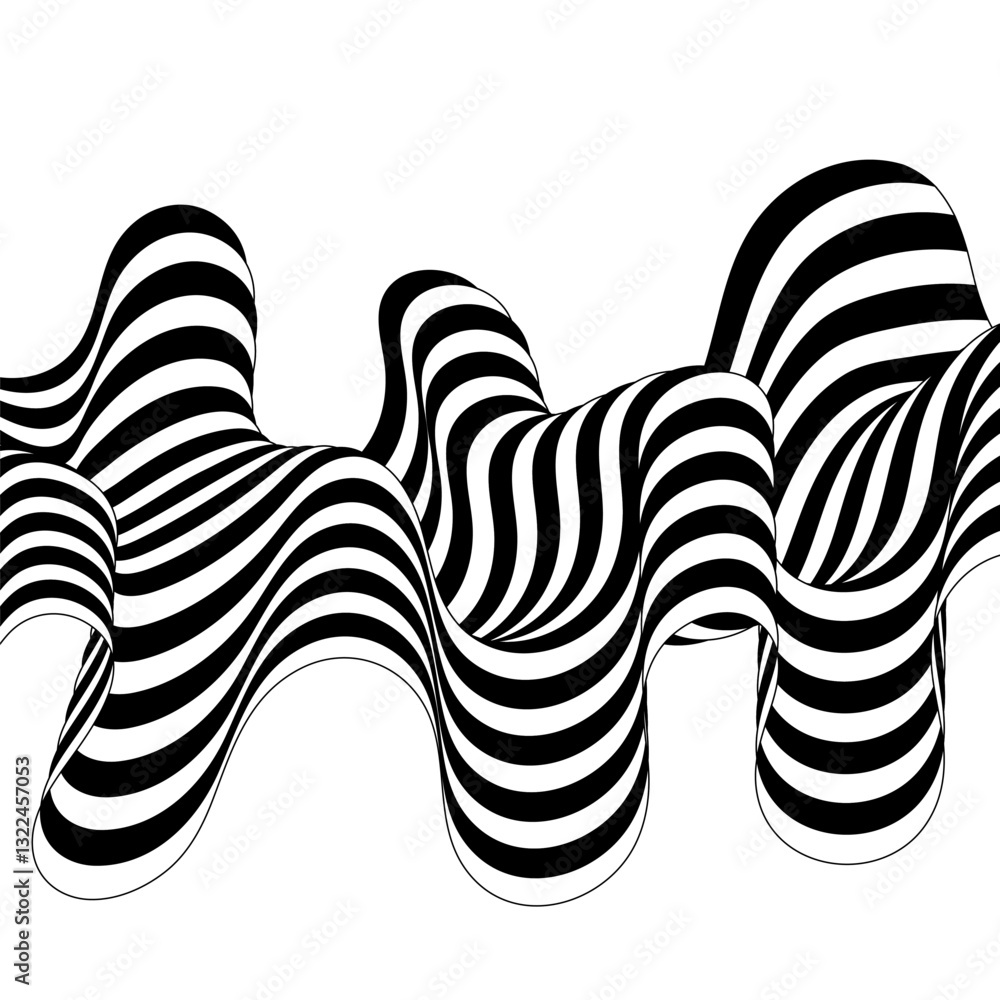 Aufkleber black on white abstract perspective lines of wavy lines with three-dimensional effect isolated on wh