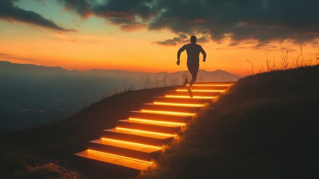 a man runs up a glowing staircase after sunset