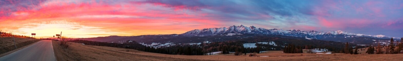 Tatras mounains at sunrise seen from Lapszanka village in Poland