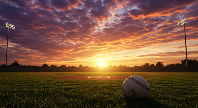 Baseball sits on the field during a beautiful sunset with lights
