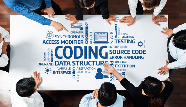 A diverse group of professionals engages in a collaborative discussion about coding, focusing on various important concepts including data structure and testing methods. Amity
