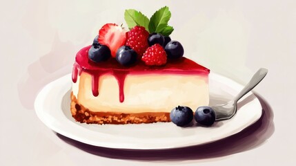 New York cheesecake with fresh berries on white plate