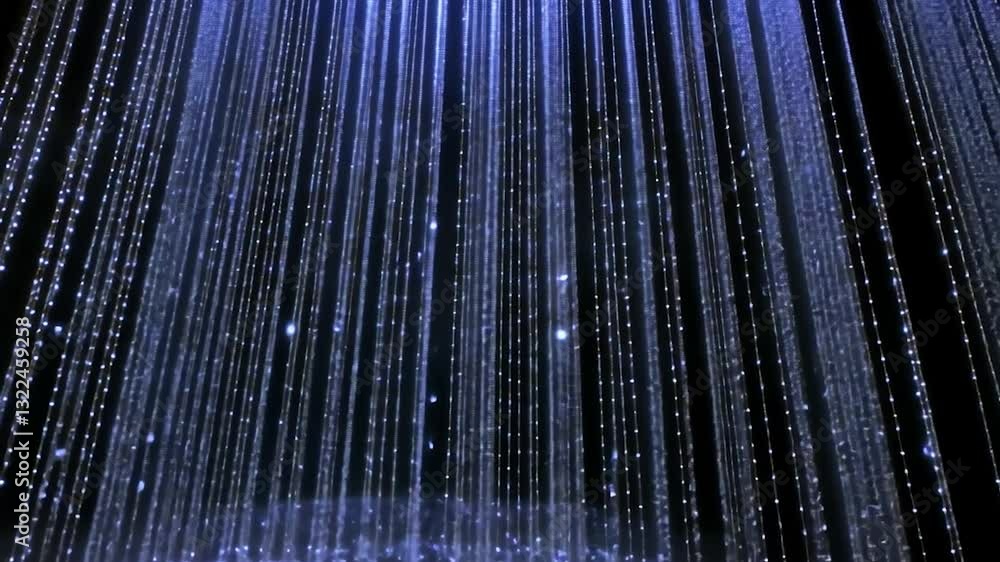 Poster a mesmerizing display of light strings cascading downwards, creating an ethereal and serene atmosphe