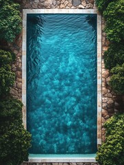 Aerial view of tranquil blue swimming pool surrounded by lush greenery and stone pathway