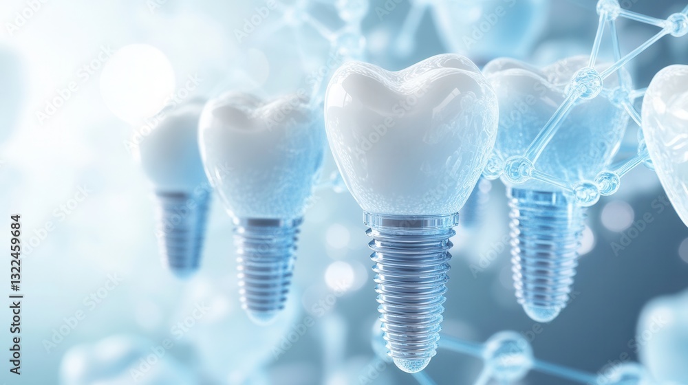 Poster floating molecular structures illustrate strong titanium dental implants in a scientific abstract ba