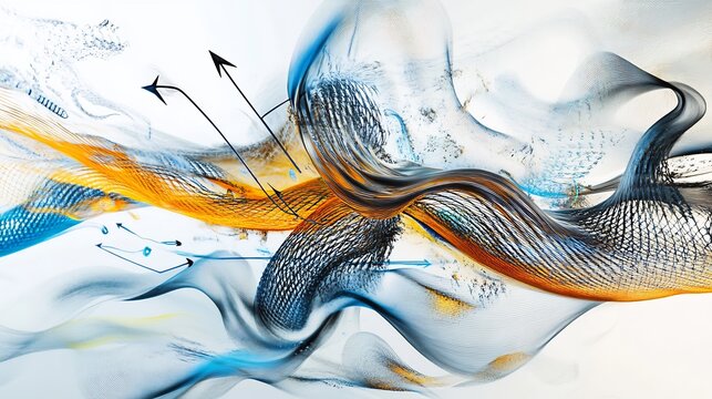 Conceptual visualization of Bernoullis principle showcasing interwoven patterns symbolic arrows for fluid dynamics and pressure