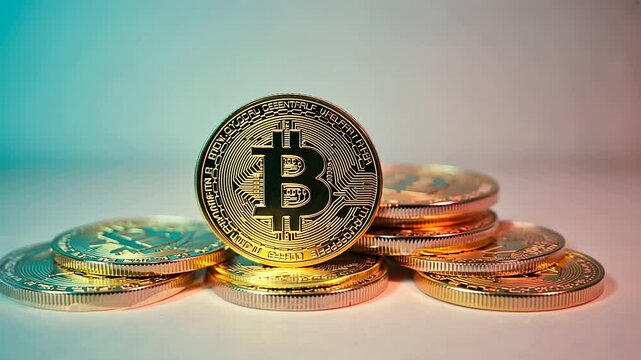 Frames A close-up shot of multiple Bitcoin coins stacked on top of eac s-muted-pastel, a-2, 37927517