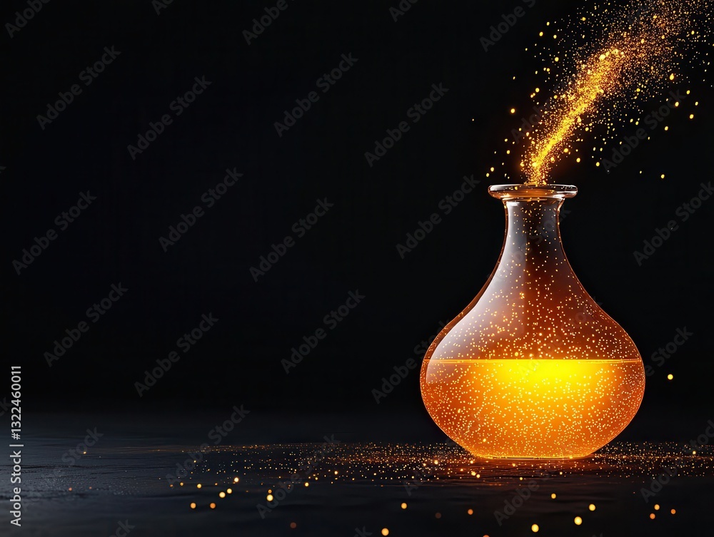 Poster glowing potion in a glass flask with shimmering particles against a dark background