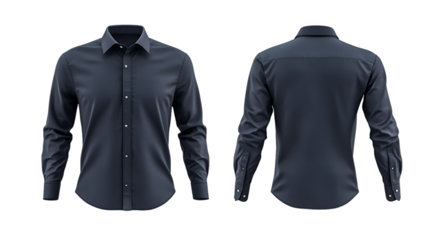 Front and back view of a simple, long-sleeved dark blue women's shirt on a transparent background, PNG