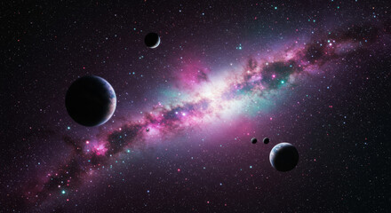 A Celestial Composition Featuring Planets and Starry Galactic Structures
